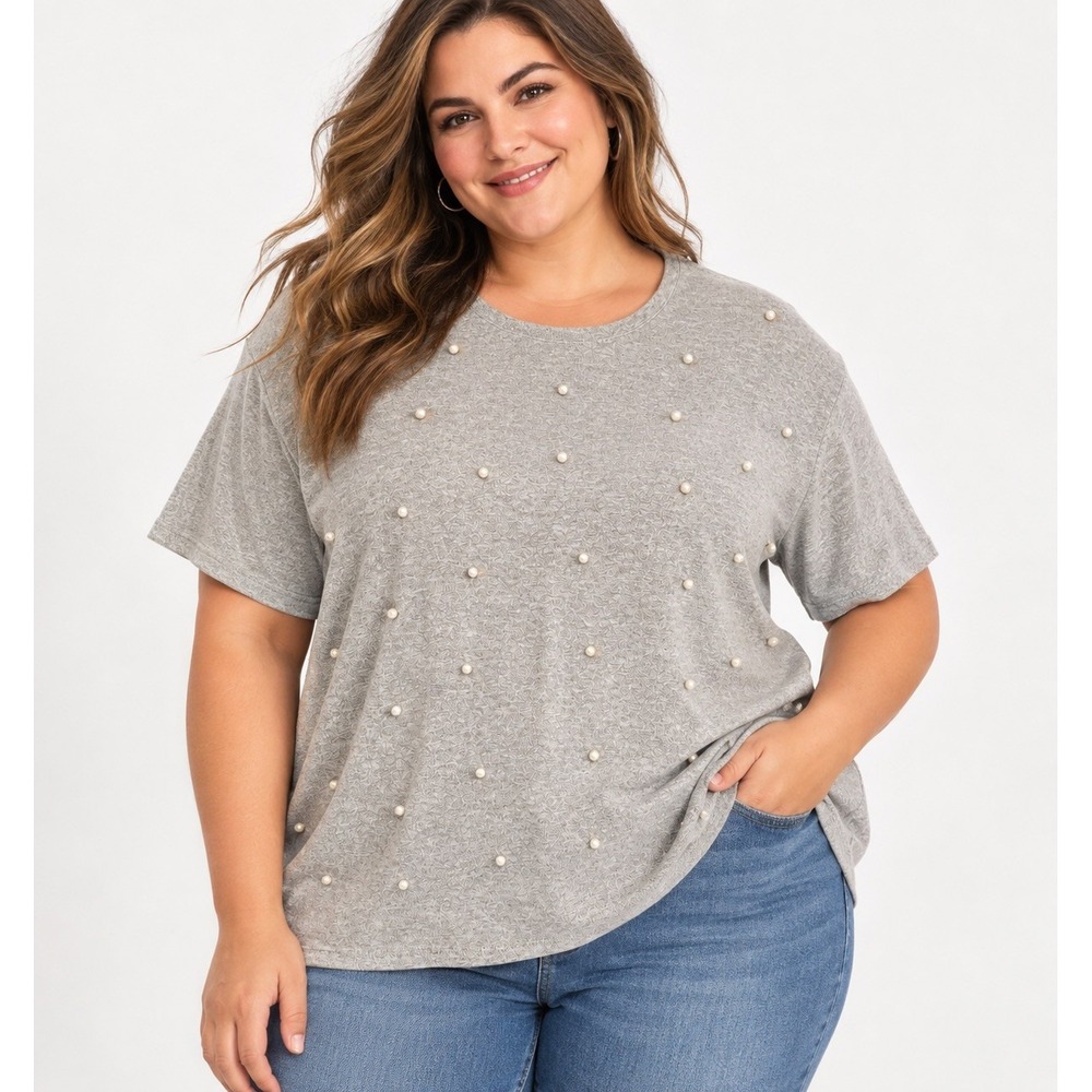 Lane Bryant Pearl Embellished Sweater Gray Plus Sz 26/28 Short Sleeve Glam Soft